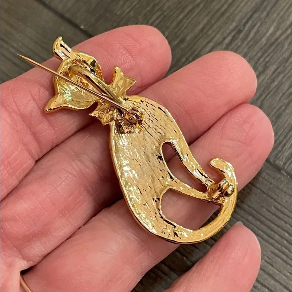 Vintage Style Gold-tone Rhinestone Sitting Cat Brooch - Pendant